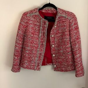 Zara red tweed jacket with pearl buttons and front pockets XS